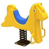 Bright yellow outdoor pony spring rider for kids with a blue seat and sturdy spring base